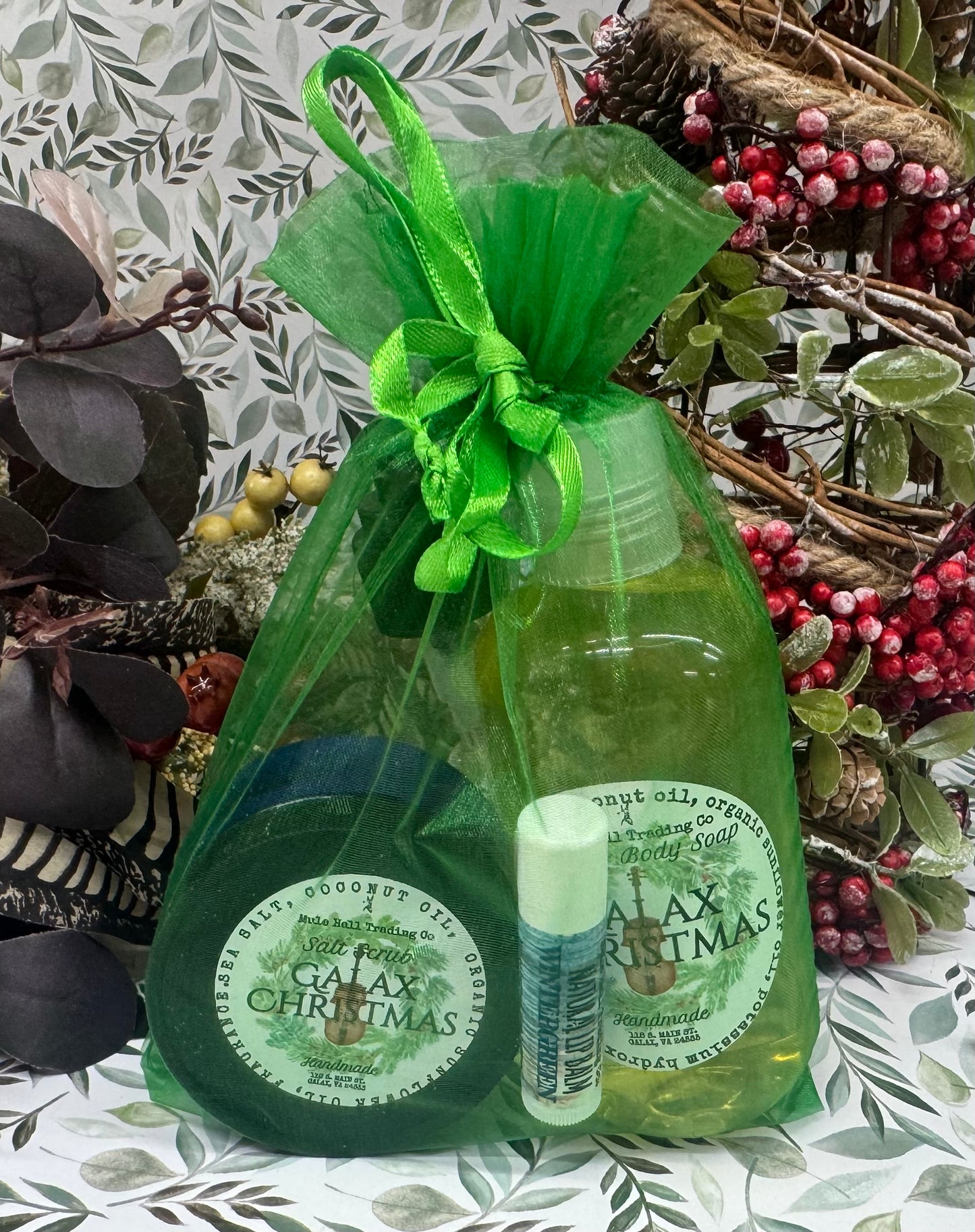 Galax Christmas Salt Scrub, Liquid Soap, Lip Balm Set