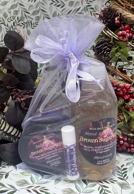 Brown Sugar Fig Salt Scrub, Liquid Soap, Lip Balm Set