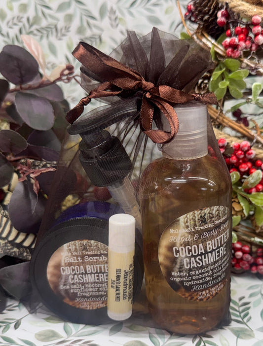 Cocoa Butter Cashmere Salt Scrub, Liquid Soap, Lip Balm Set